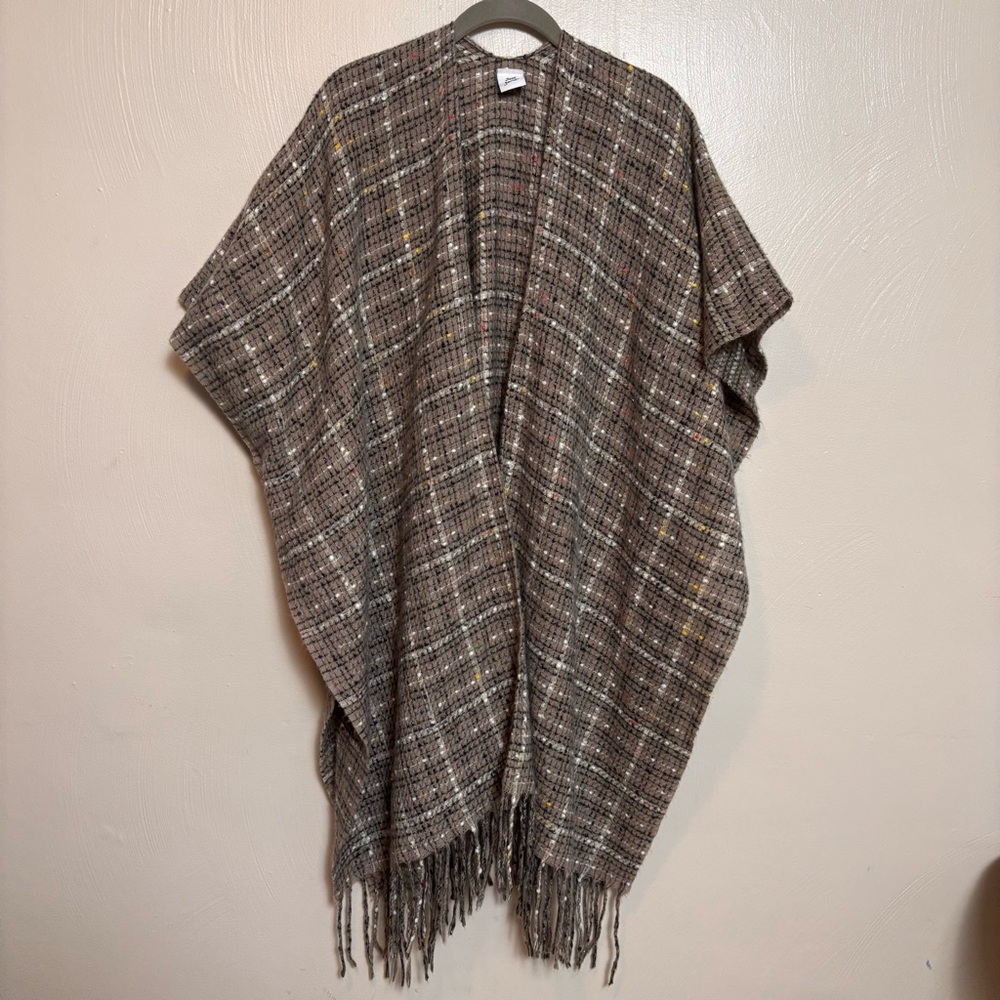 Just Jamie Womens Shawl Poncho‎ Fringe Black Brown Metallic Lightweight One Size